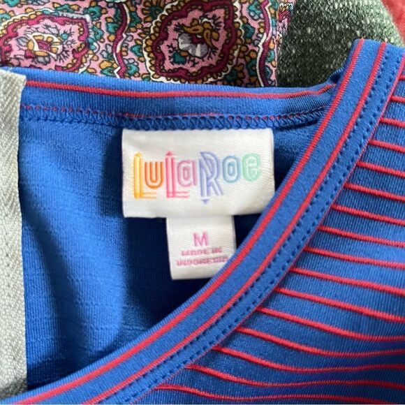 LulaRoe Amelia Red Blue Shimmer Stripe Short Sleeve Fit & Flair Dress - Picture 7 of 12
